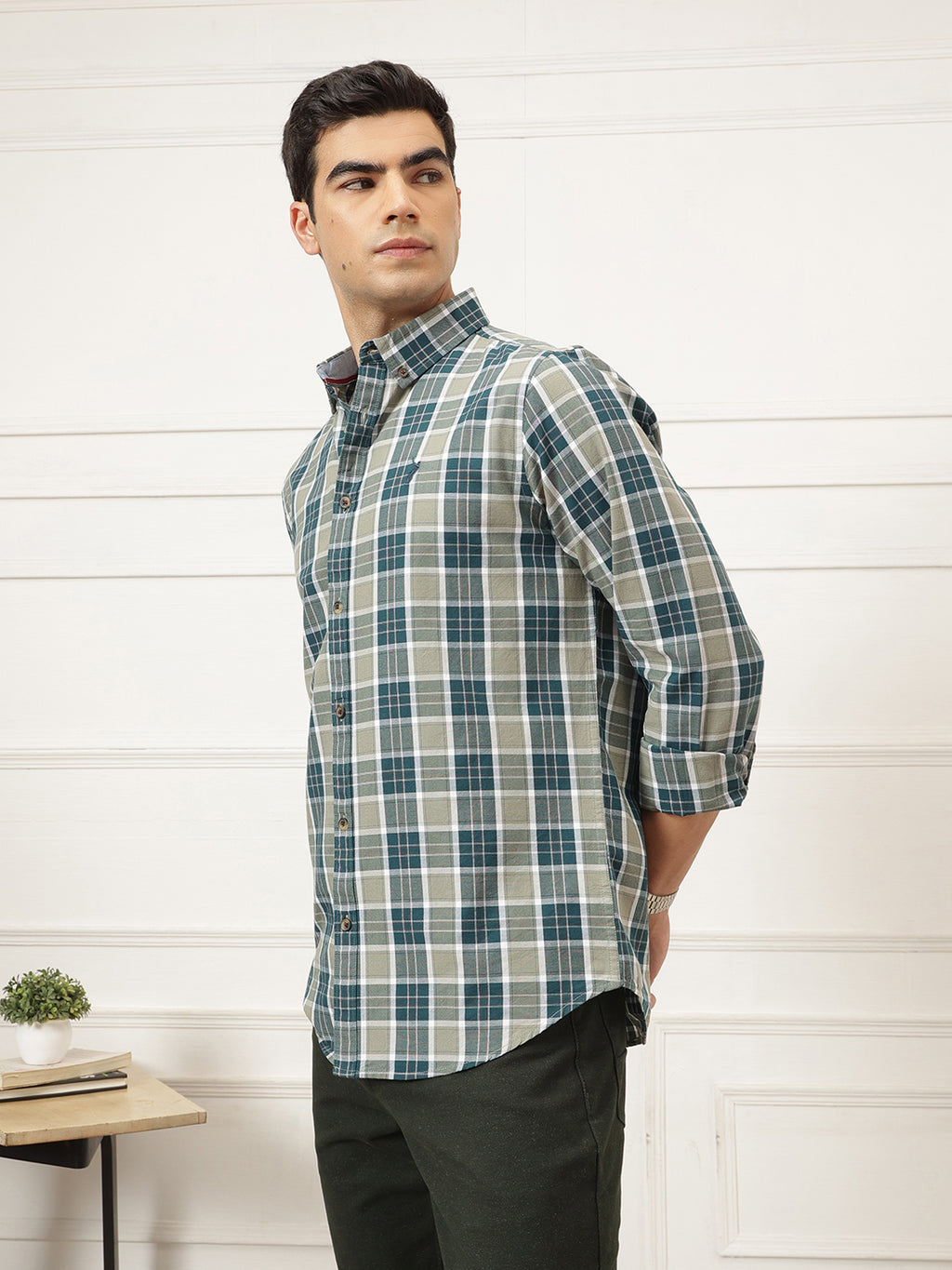 Olive Premium Regular Fit Tartan Checks Cotton Oxford Shirt For Men