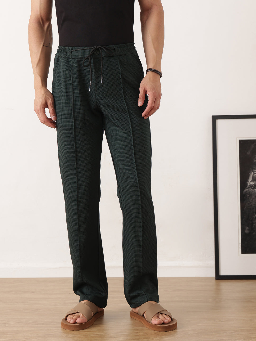 Thomas Scott Men Green Smart Regular Fit Mid-Rise Textured Pleated Knitted Casual Trousers with Drawstring Closure