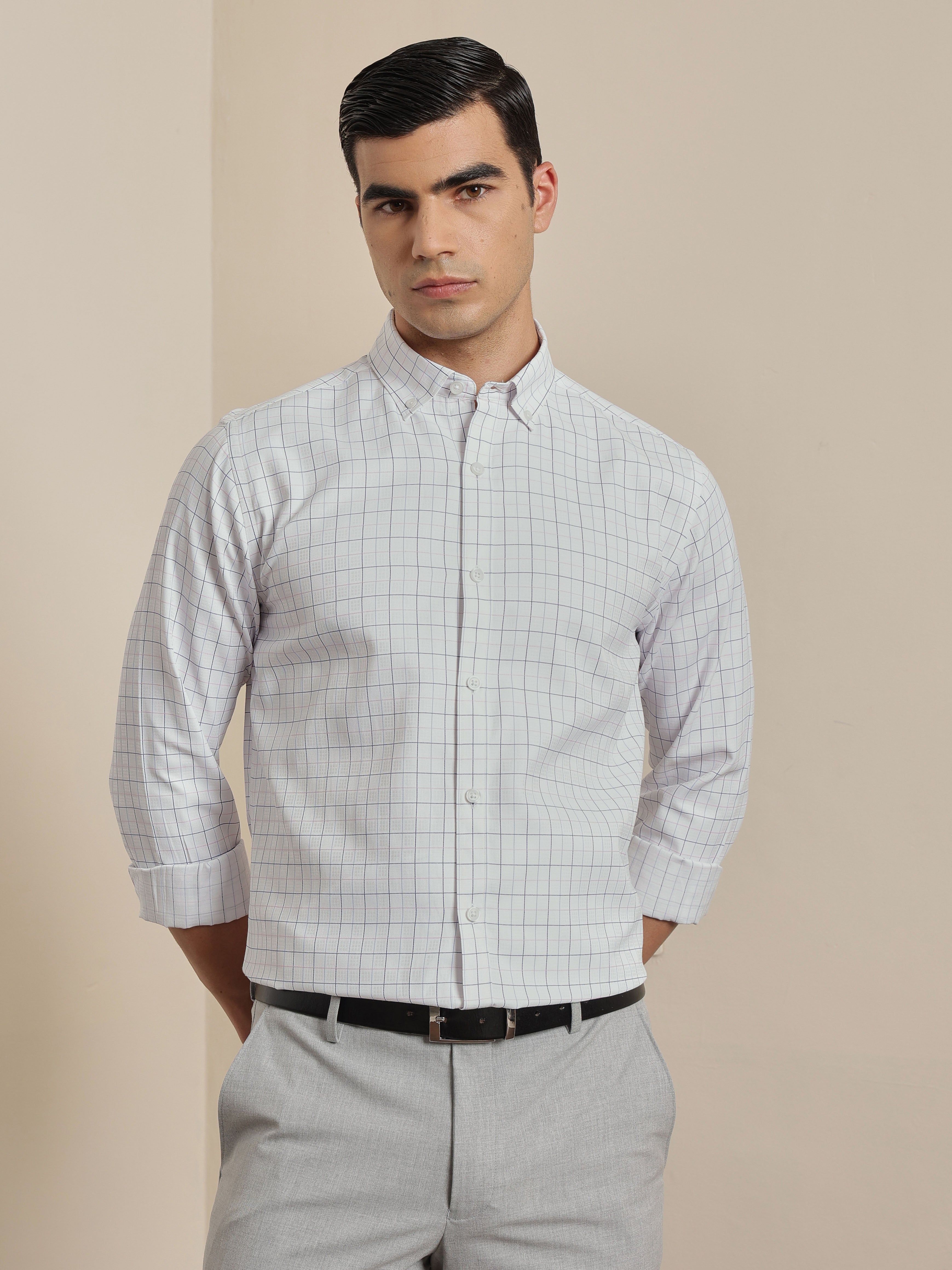 Thomas Scott Men Smart White Regular Fit Long Sleeves Button Down Collar Windowpane Checks Formal Shirt
