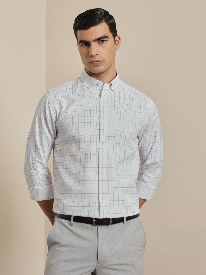 Thomas Scott Men Smart White Regular Fit Long Sleeves Button Down Collar Windowpane Checks Formal Shirt