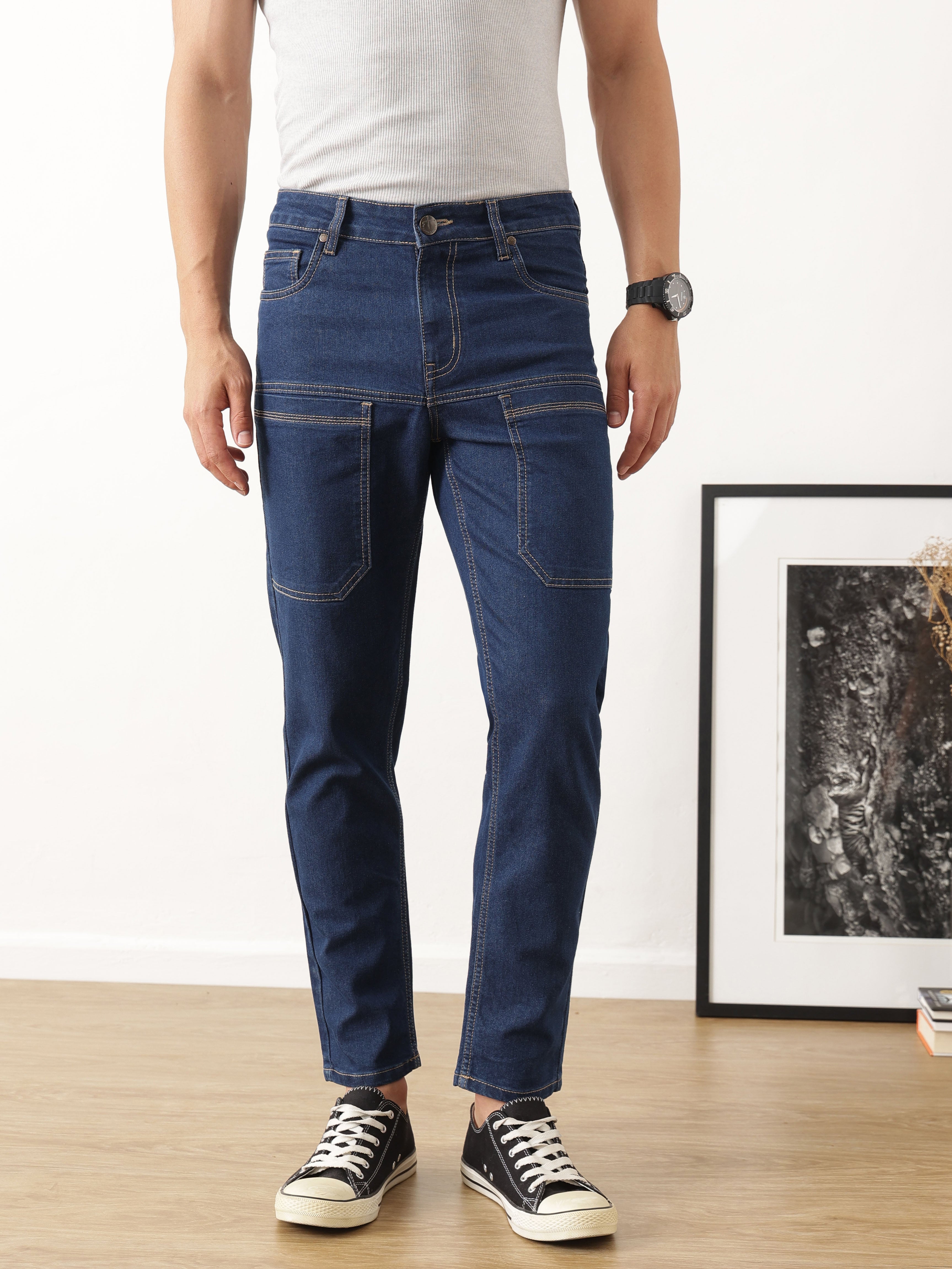 Thomas Scott Men Dark Blue Carrot Fit Mid-Rise Medium Shade Clean Look Stretchable Jeans