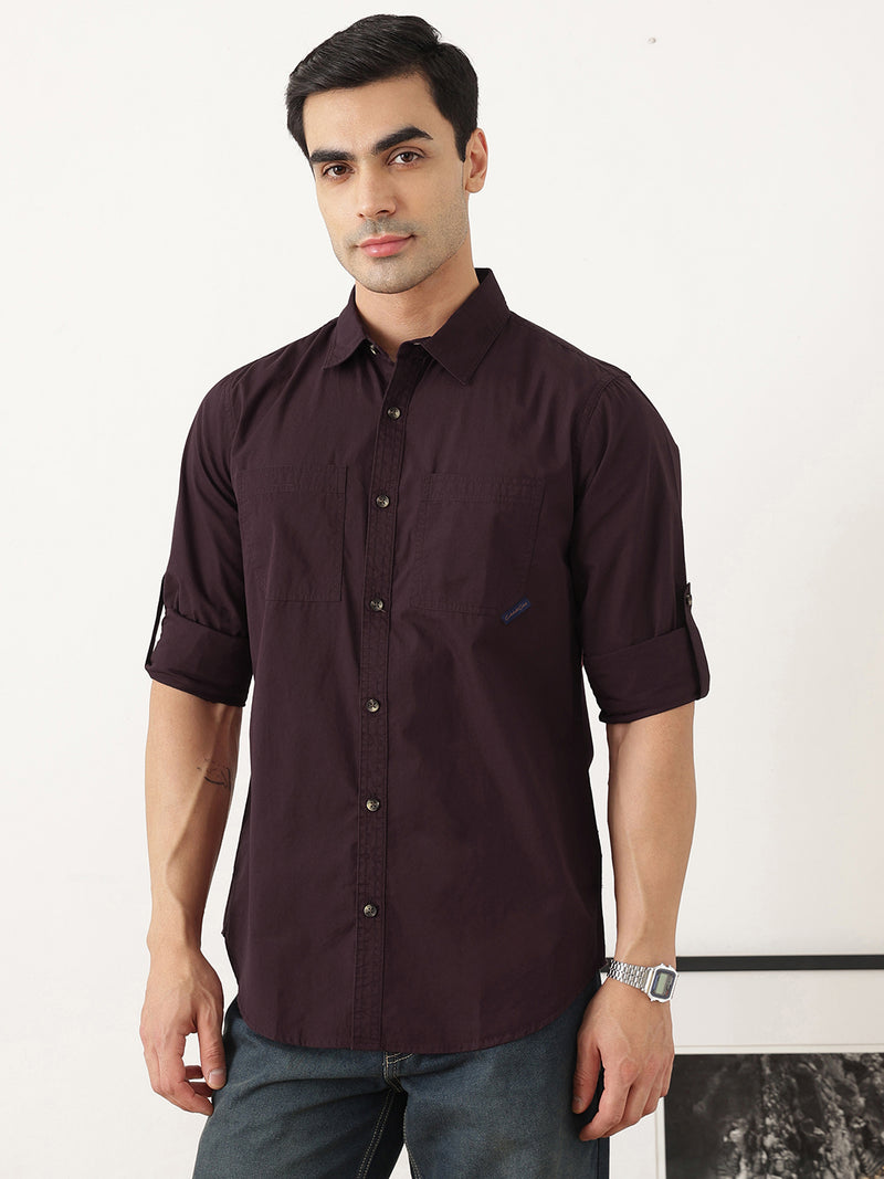 Thomas Scott Men Premium Wine Slim Fit Long Roll-Up Sleeves Spread Collar Solid Cotton Casual Shirts