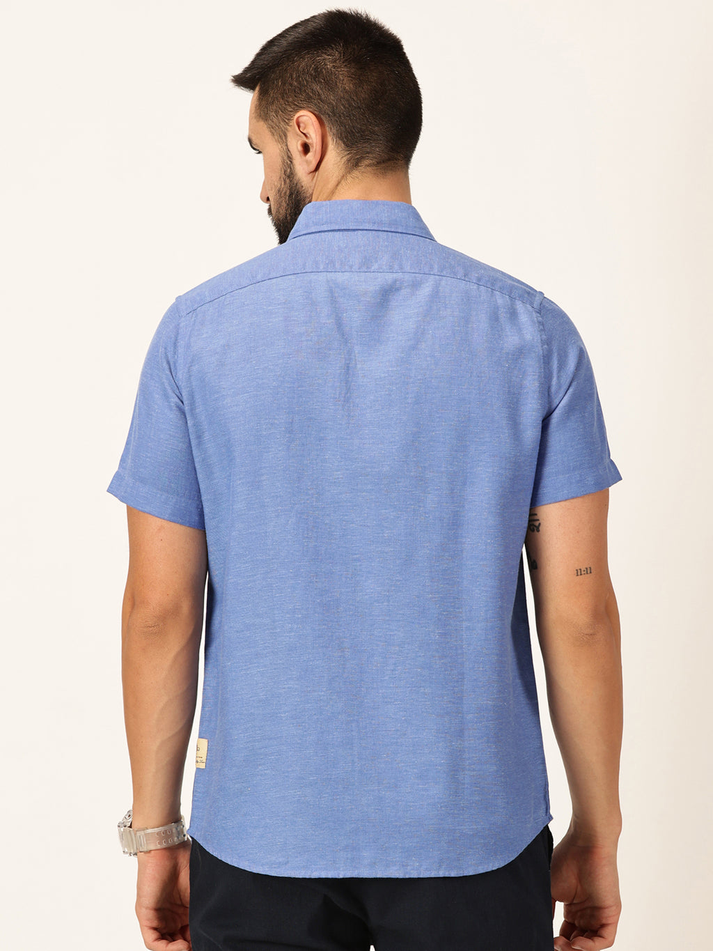 Thomas Scott Men Blue Premium Slim Fit Short Sleeves Spread Collar Solid Cotton Linen Casual Shirt
