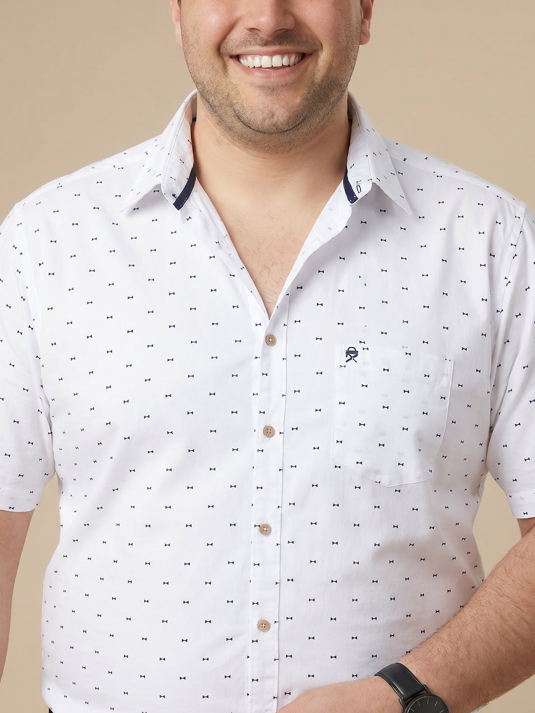 Pure White 1 Plus Size Regular Fit Micro Ditsy Printed Spread Collar 100% Cotton Casual Shirt For Men