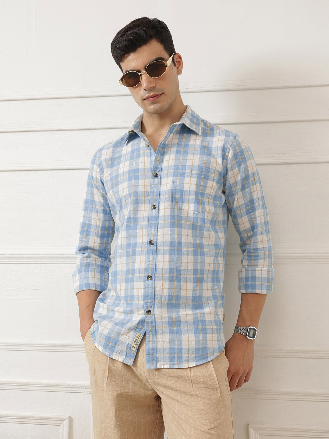Light Blue Premium Slim Fit Graphic Checked Cotton Linen Casual Shirt For Men