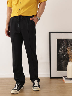 Thomas Scott Men Black Smart Regular Fit Mid-Rise Textured Pleated Knitted Casual Trousers with Drawstring Closure