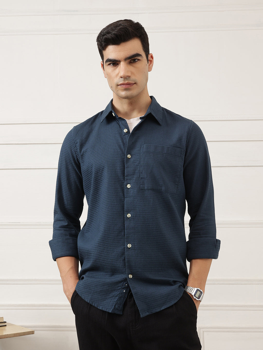Teal Blue Premium Regular Fit Long Sleeves Spread Collar Textured Cotton Casual Shirt For Men