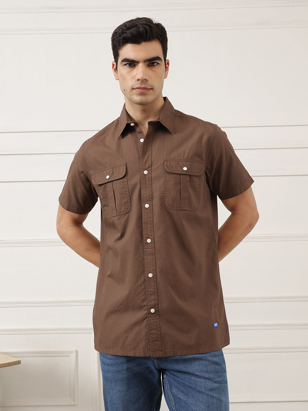 Brown Premium Regular Fit Short Sleeves Spread Collar Textured Casual Shirt For Men