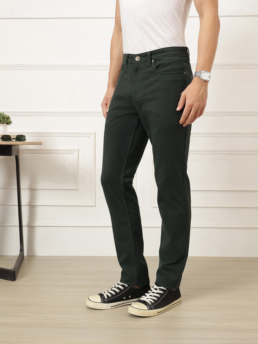 Olive Smart Straight Fit Mid-Rise Solid Woven Trouser For Men