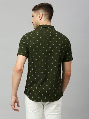 Thomas Scott Men Dark Green Classic Short Sleeves Slim Fit Spread Collar Conversational Printed Cotton Casual Shirt