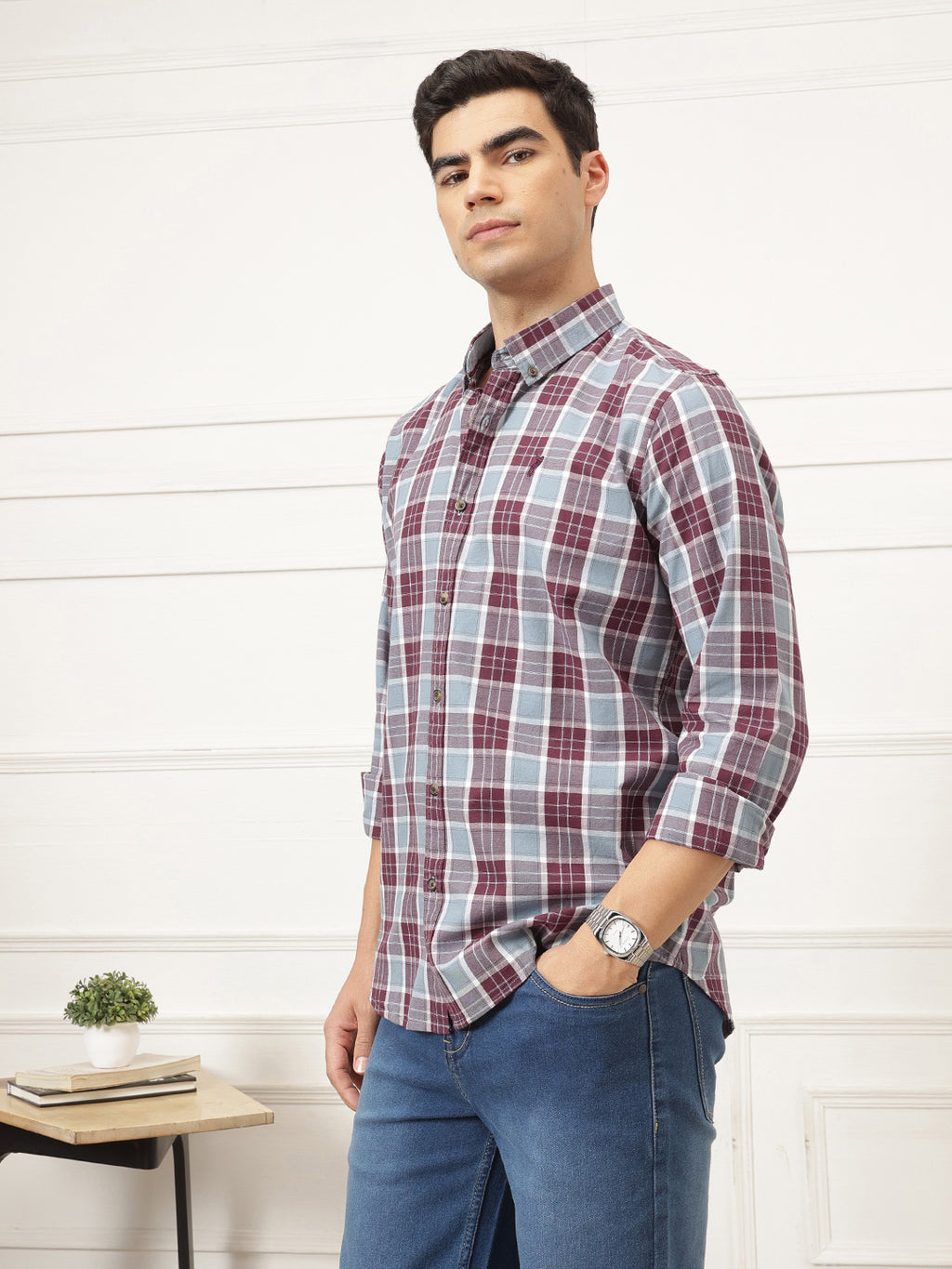 Maroon Premium Regular Fit Tartan Checks Cotton Oxford Shirt For Men