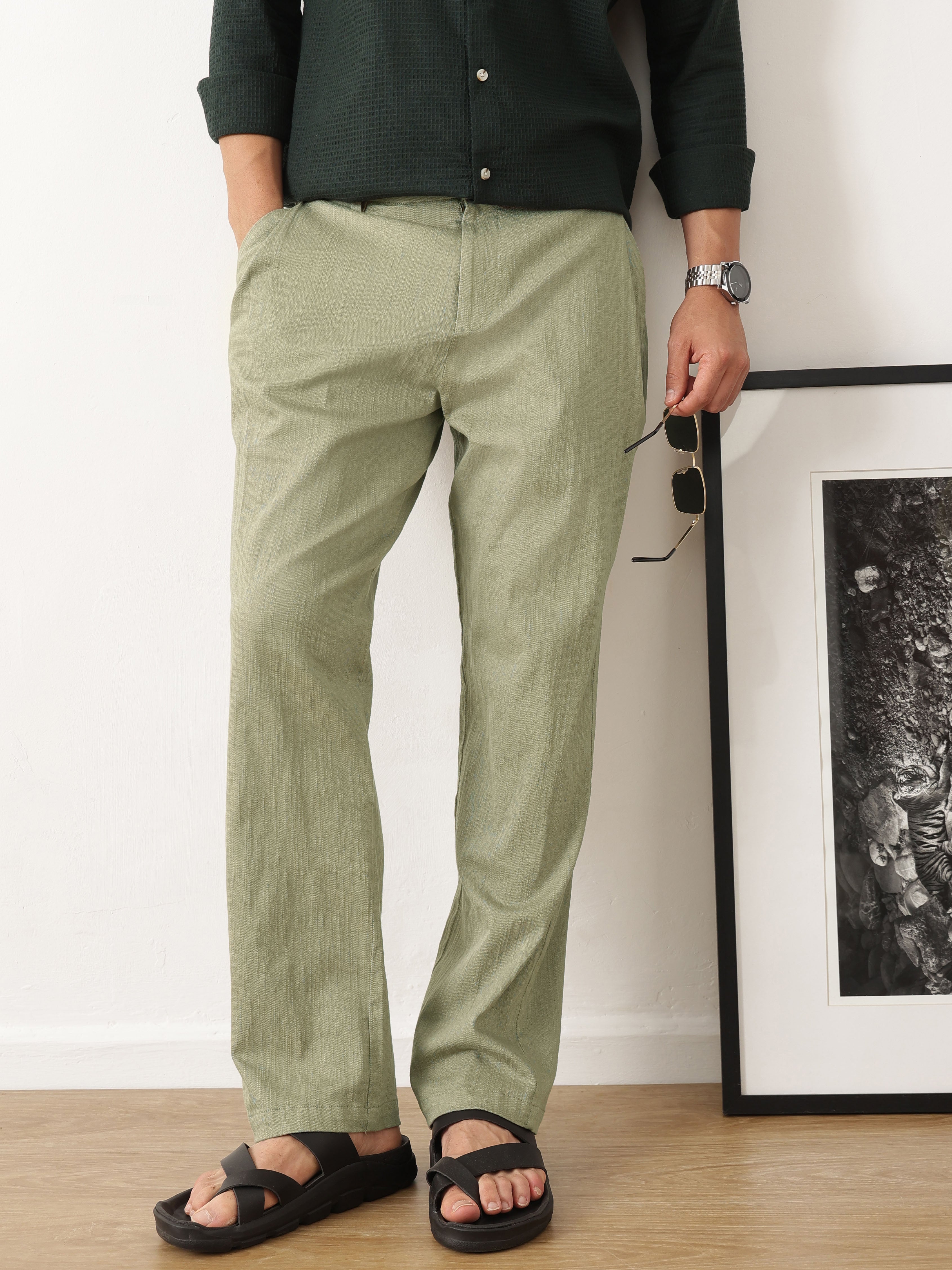Thomas Scott Men Olive Smart Solid Regular Fit Woven Linen Pleated Trousers