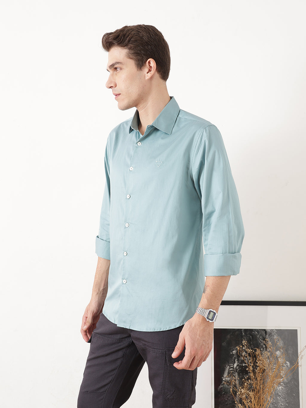 Sea Green Premium Slim Fit Solid Cotton Casual Shirt For Men