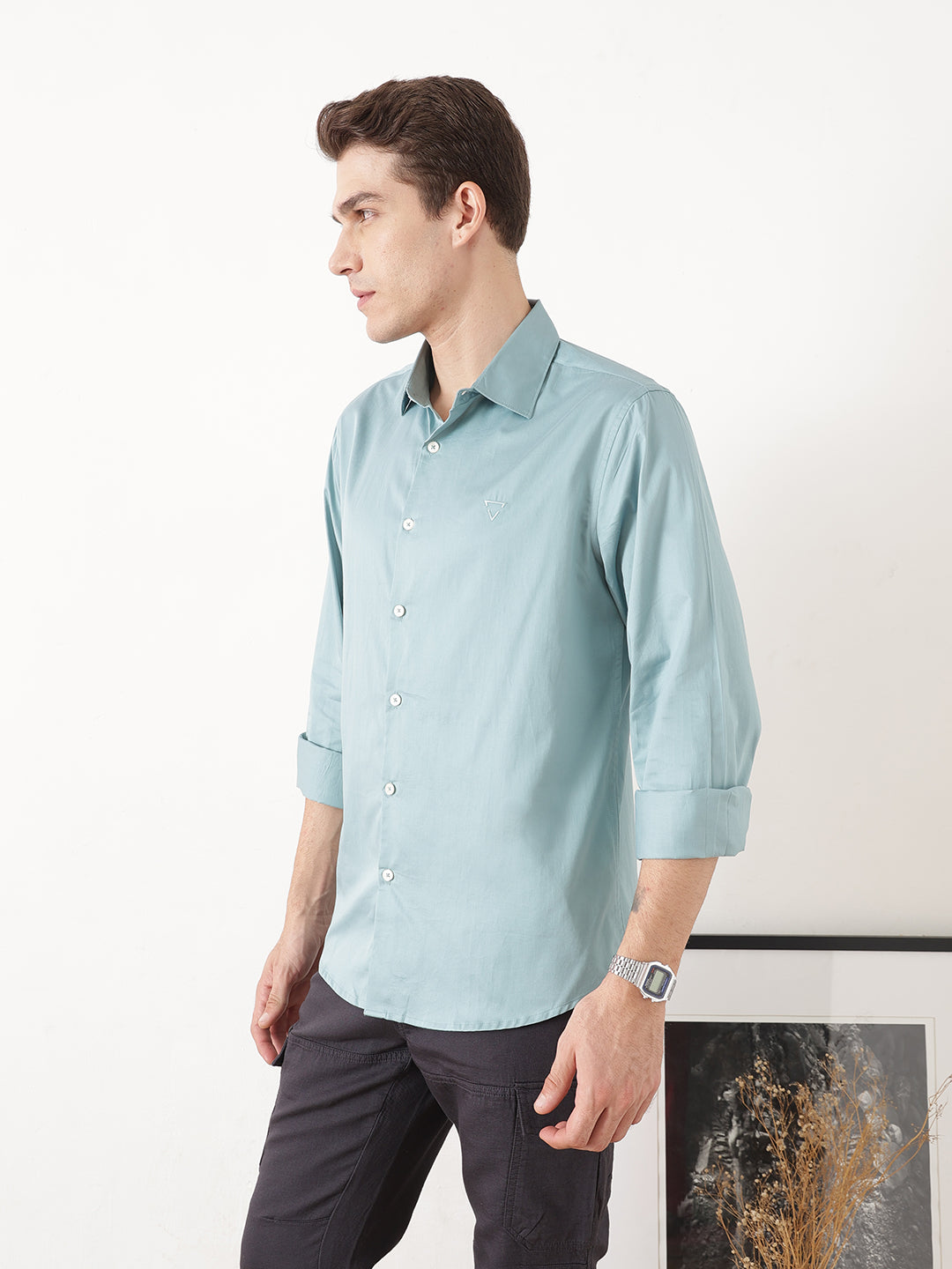 Sea Green Premium Slim Fit Solid Cotton Casual Shirt For Men