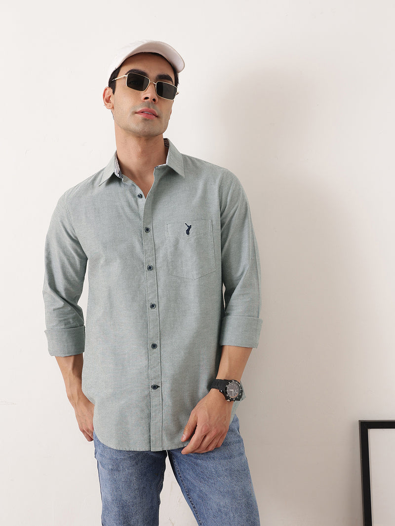 Thomas Scott Men Bottle Green Premium Slim Fit Long Sleeves Spread Collar Solid Cotton Twill Shirt