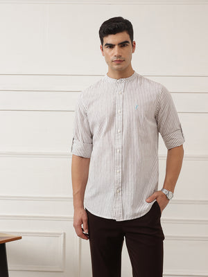 Maroon Regular Fit Vertical Striped Cotton Linen Casual Shirt For Men with Roll-Up Sleeves