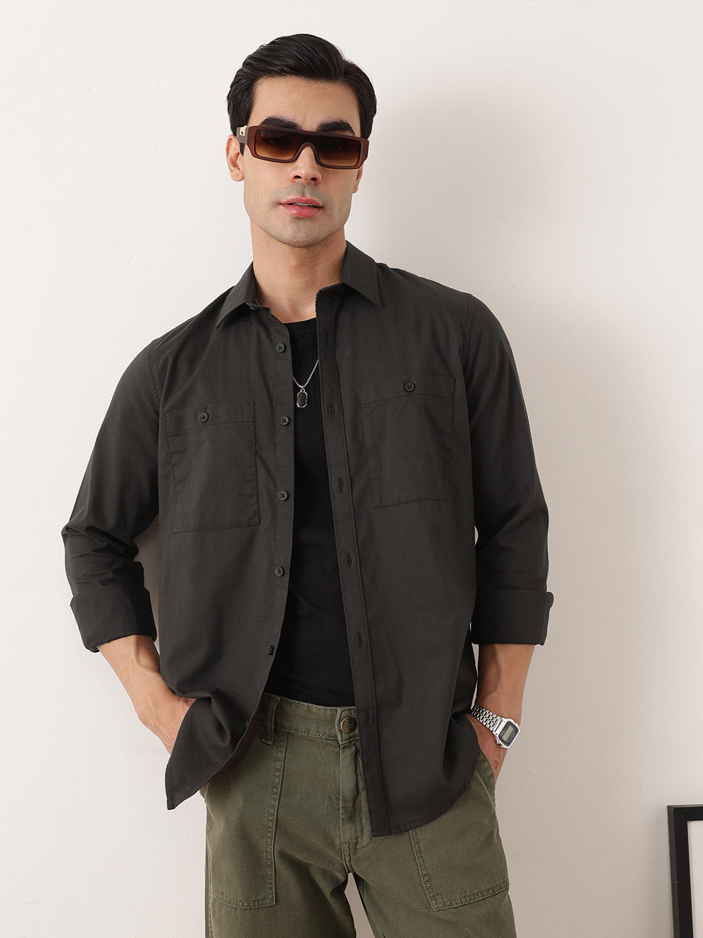 Thomas Scott Men Dark Grey Premium Regular Fit Long Sleeves Spread Collar Solid Cotton Casual Shirt with 2 Patch Pockets