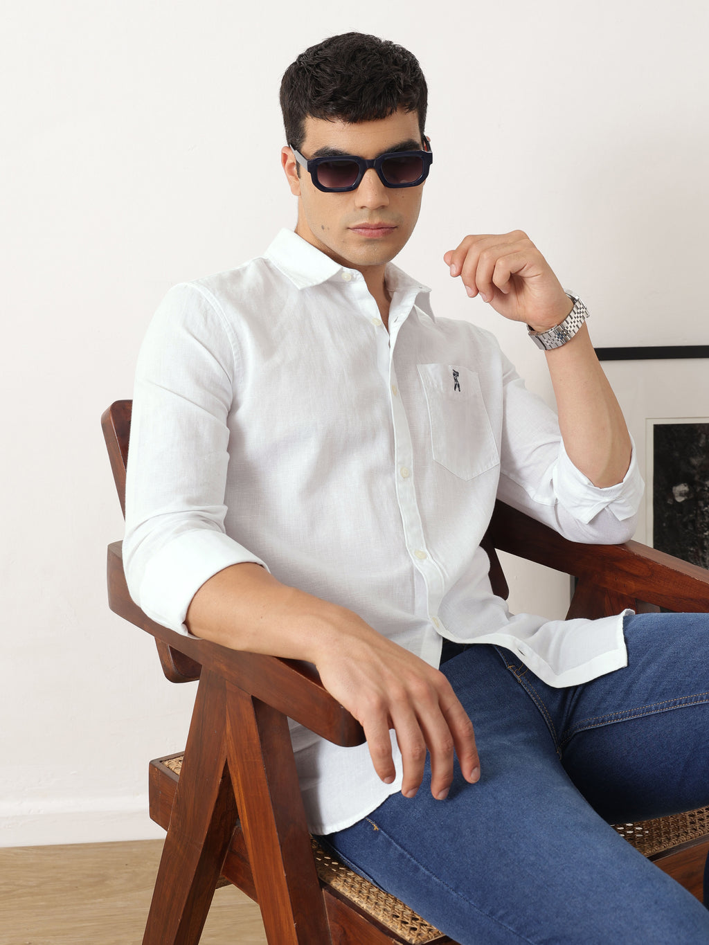 Thomas Scott Men Premium White Slim Fit Solid Spread Collar Cotton Linen Casual Shirt with Long Sleeves