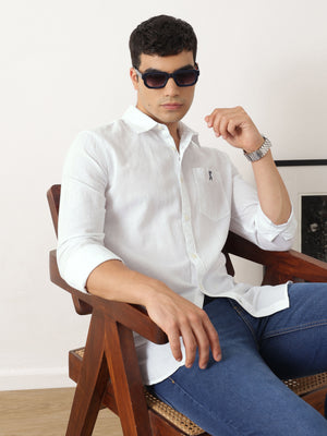 Thomas Scott Men Premium White Slim Fit Solid Spread Collar Cotton Linen Casual Shirt with Long Sleeves
