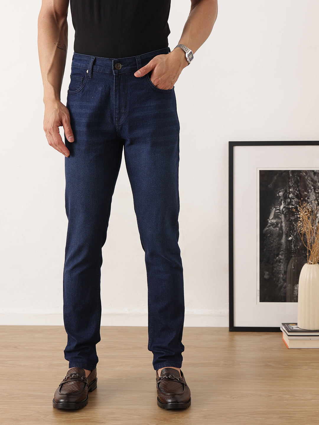 Thomas Scott Men Dark Blue Smart Slim Fit Mid-Rise Light Fade Clean Look Stretchable Jeans