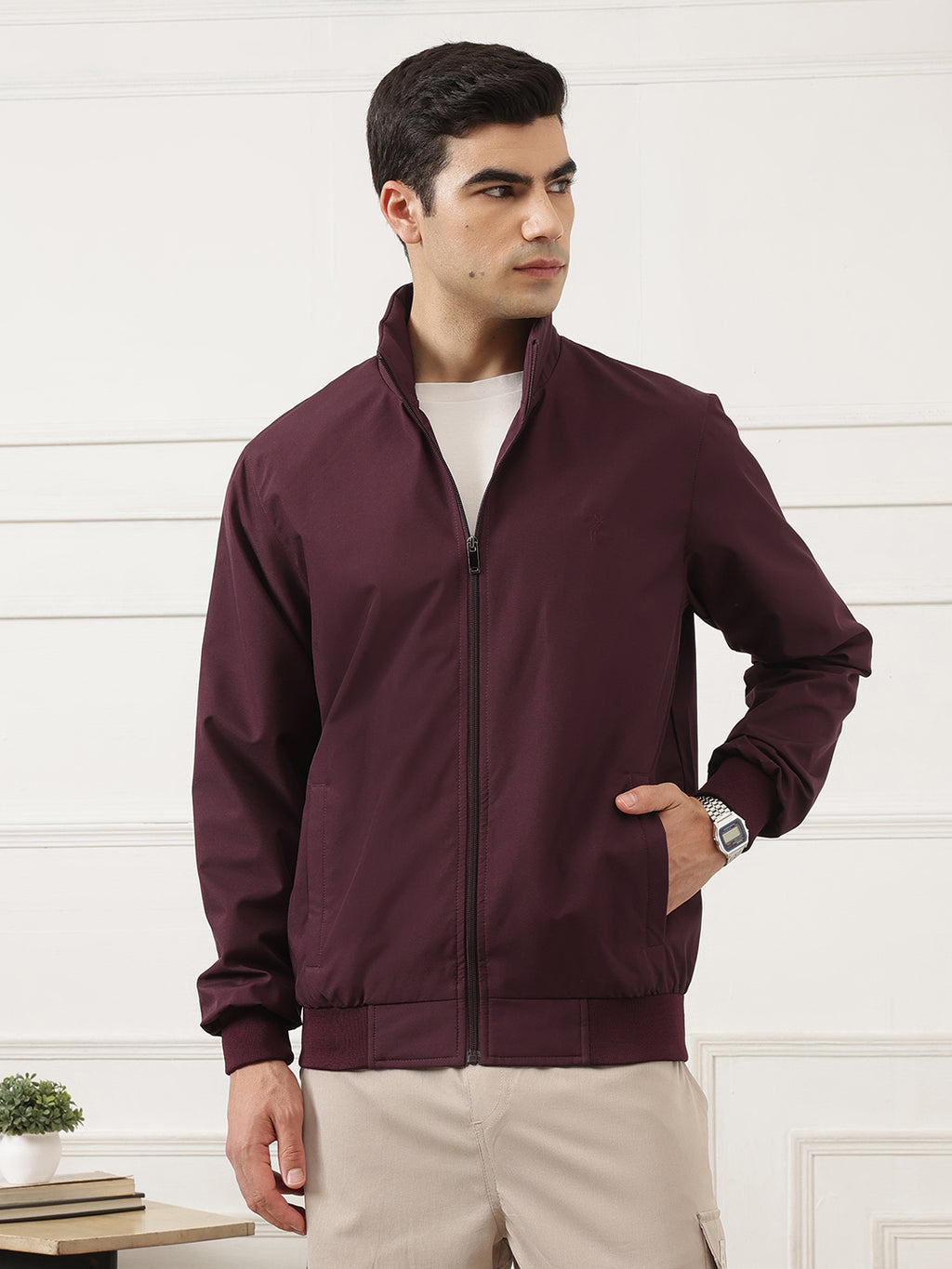 Burgundy Regular Fit Solid Full Sleeves Stand Collar Zip-Front Casual Bomber Jacket For Men