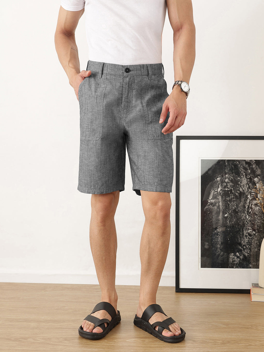 Thomas Scott Men Black Regular Fit Mid-Rise Solid Woven Cotton Linen Shorts