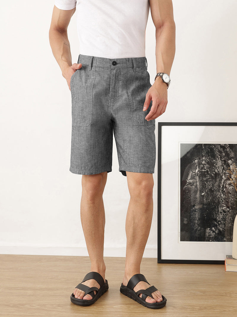 Thomas Scott Men Black Regular Fit Mid-Rise Solid Woven Cotton Linen Shorts