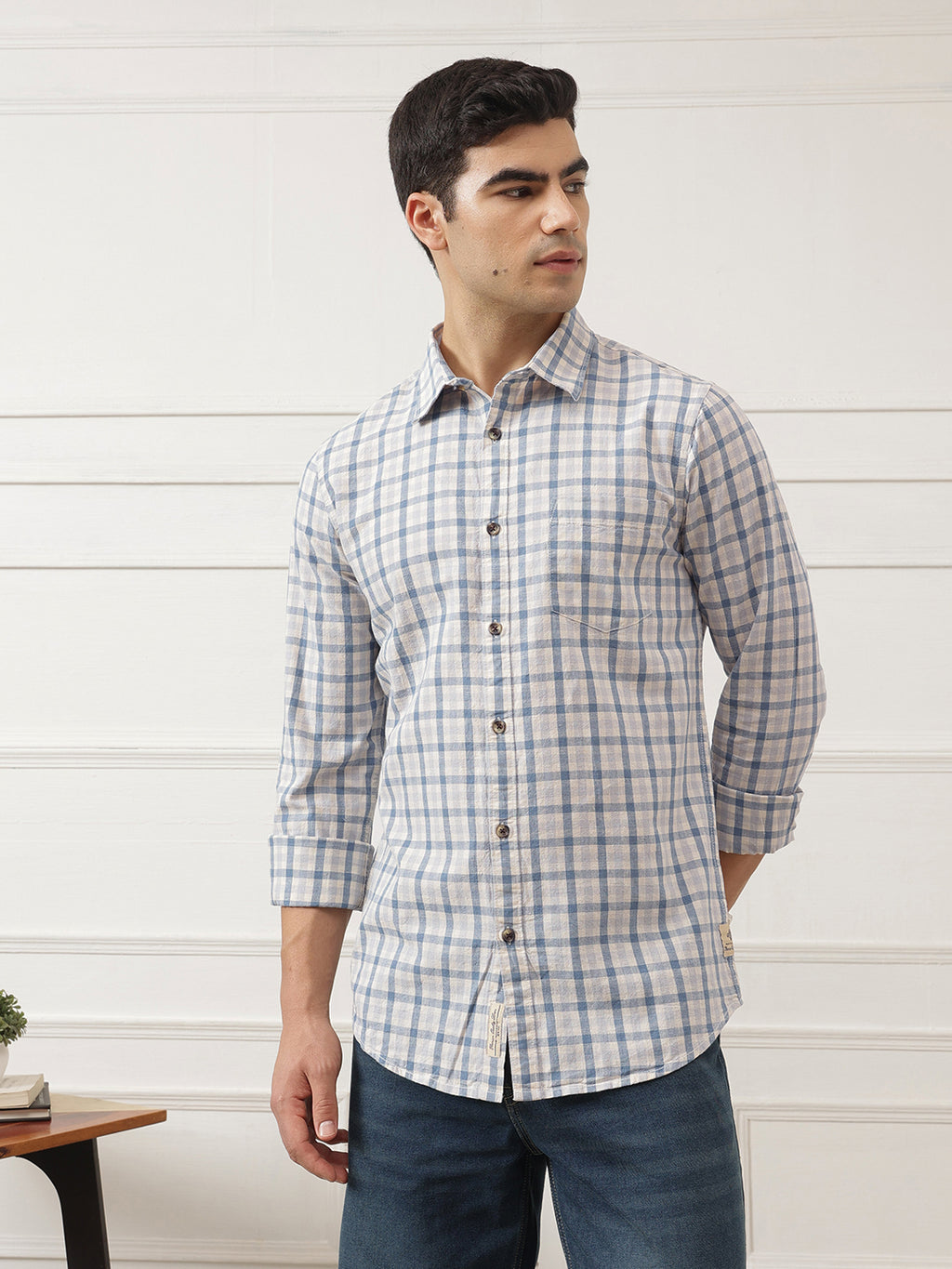 Mid Blue Premium Slim Fit Graphic Checked Cotton Linen Casual Shirt For Men