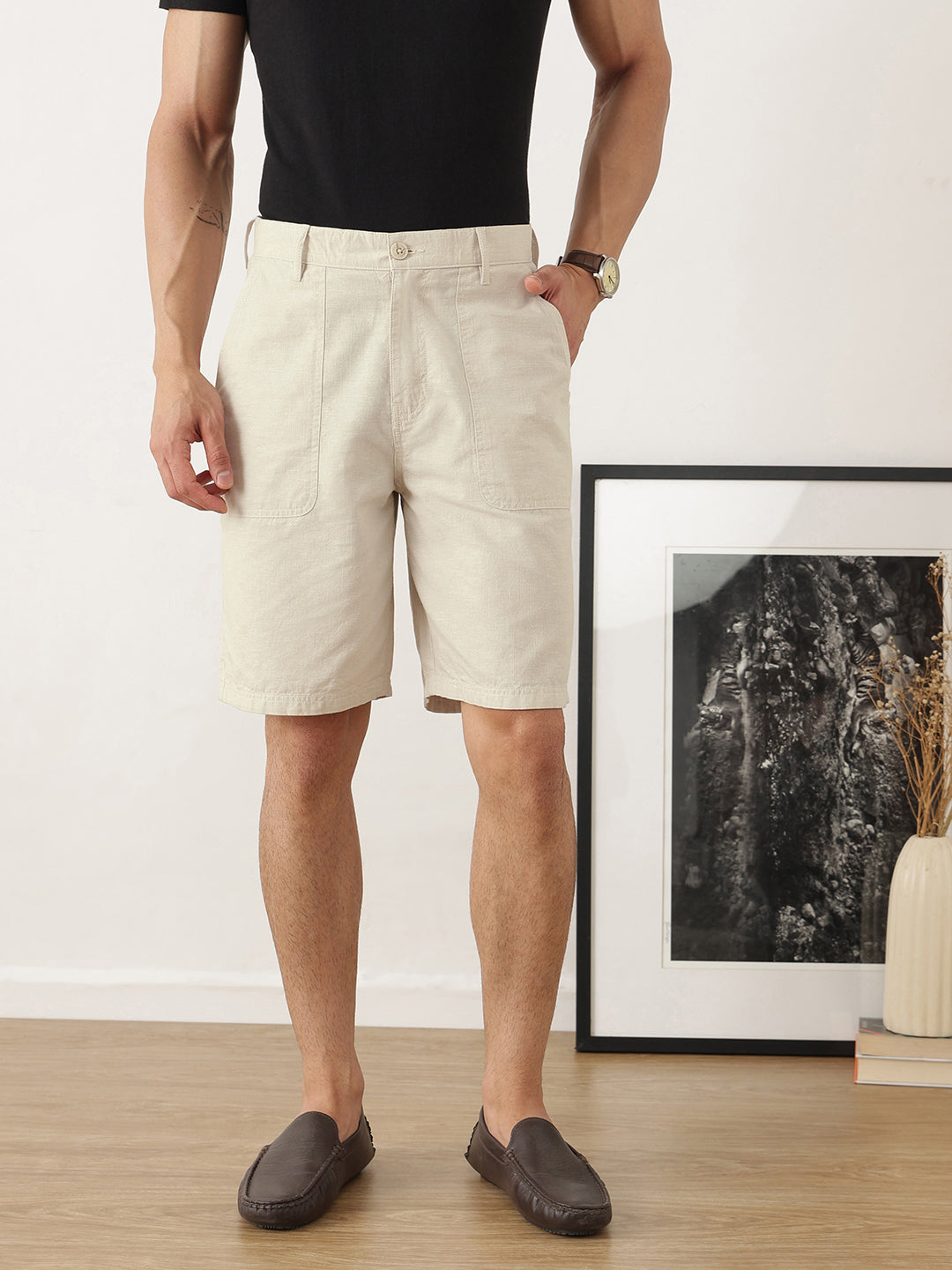 Thomas Scott Men Beige Regular Fit Mid-Rise Solid Woven Cotton Linen Shorts