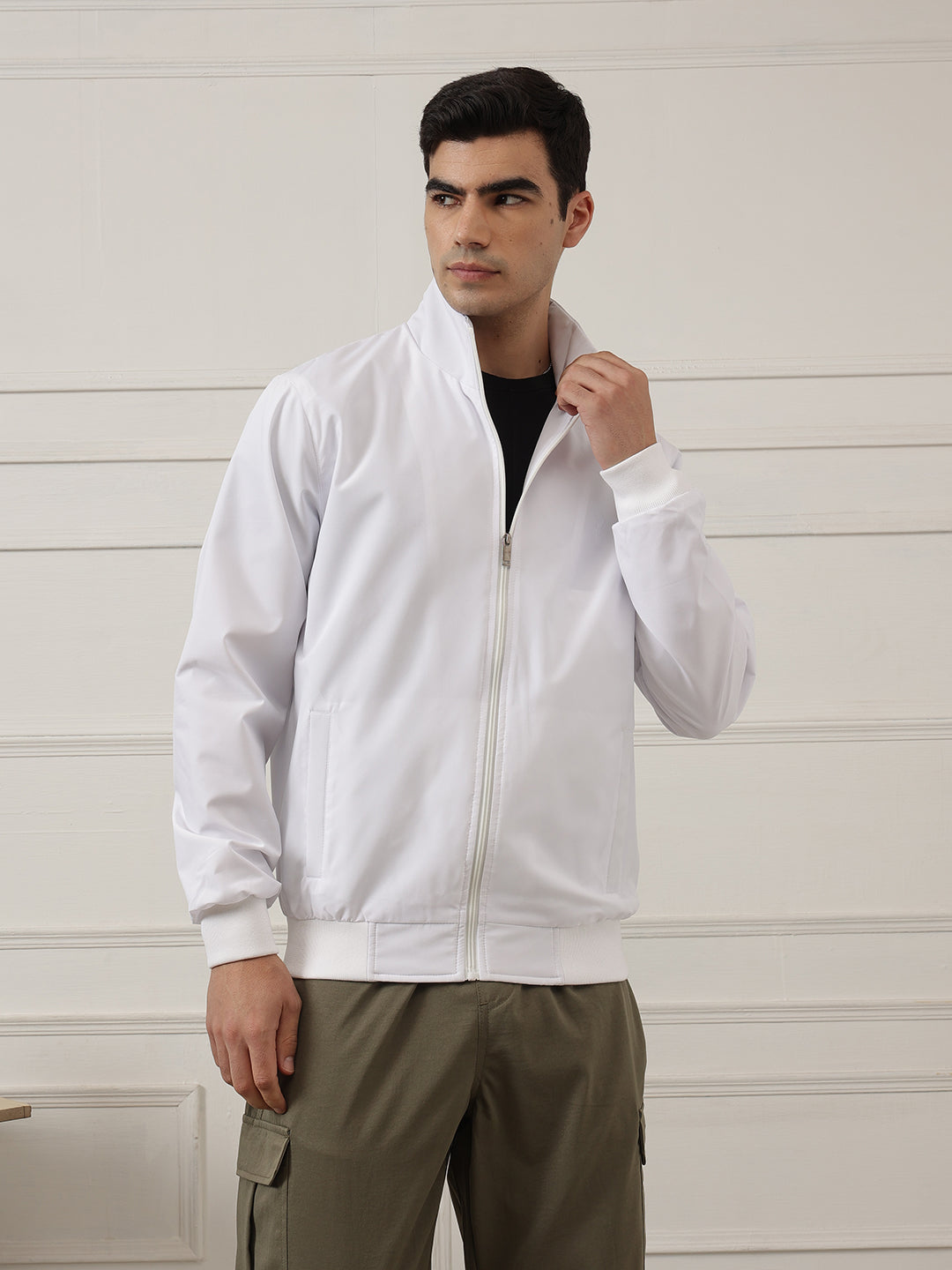 White Regular Fit Solid Full Sleeves Stand Collar Zip-Front Casual Bomber Jacket For Men