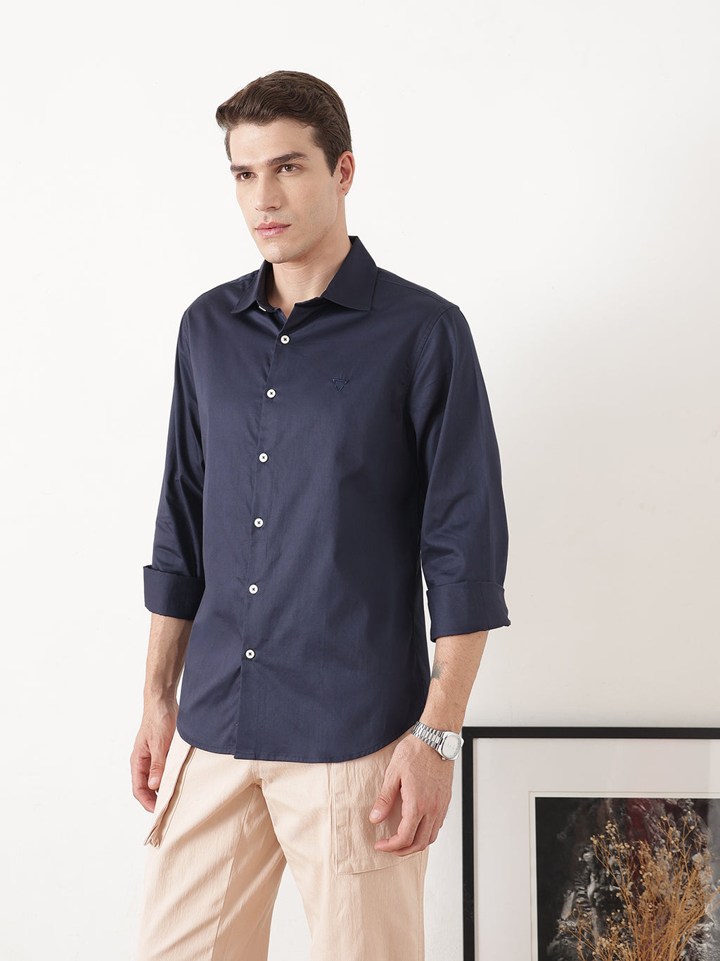 Navy Premium Slim Fit Solid Cotton Casual Shirt For Men