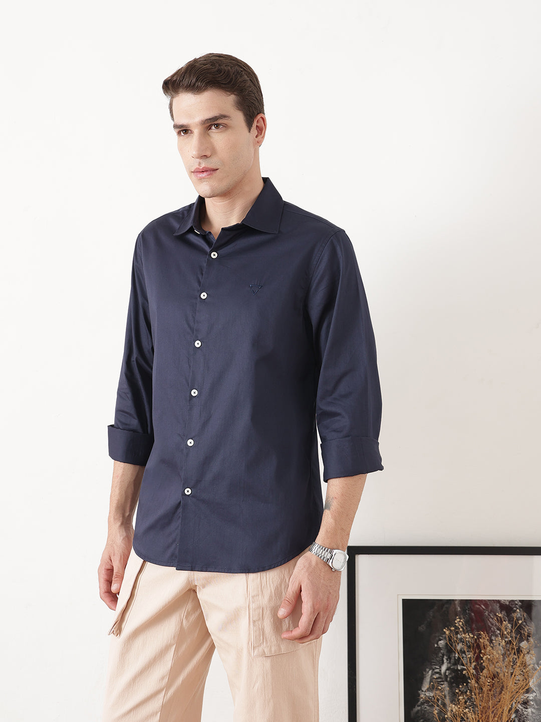 Navy Premium Slim Fit Solid Cotton Casual Shirt For Men