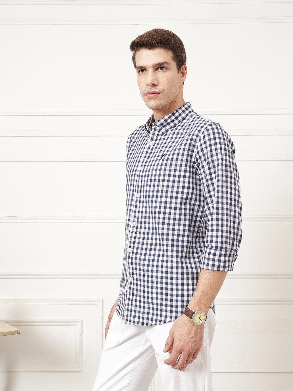 Navy Premium Regular Fit Gingham Checks Cotton Linen Shirt For Men