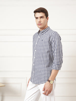 Navy Premium Regular Fit Gingham Checks Cotton Linen Shirt For Men