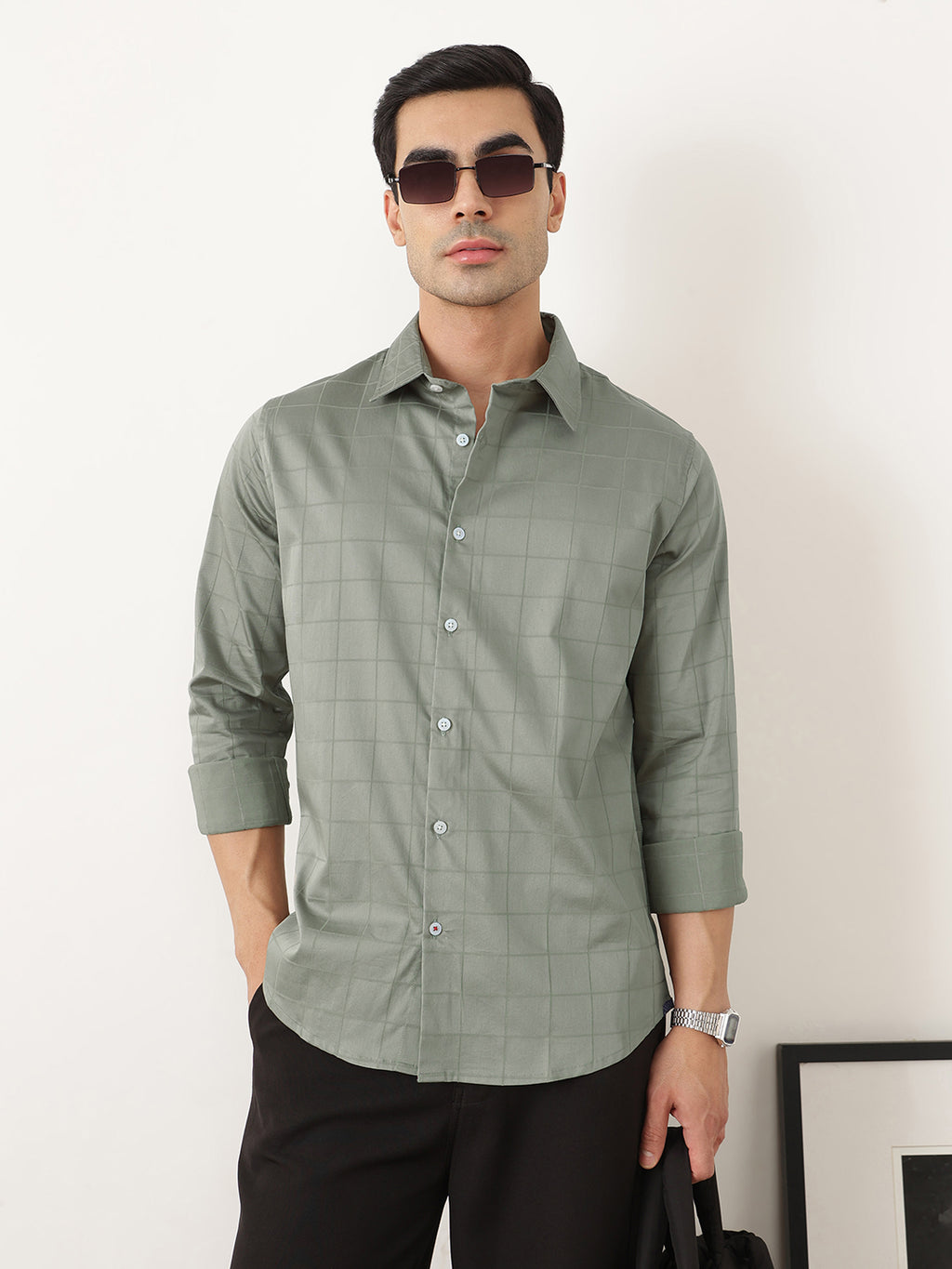 Thomas Scott Men Premium Sage Green Regular Fit Long Sleeves Spread Collar Windowpane Checks Cotton Lycra Casual Shirt