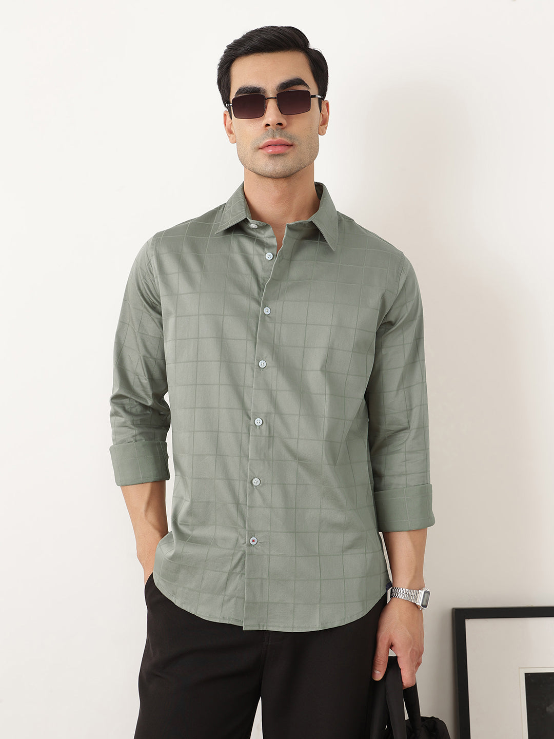 Thomas Scott Men Premium Sage Green Regular Fit Long Sleeves Spread Collar Windowpane Checks Cotton Lycra Casual Shirt