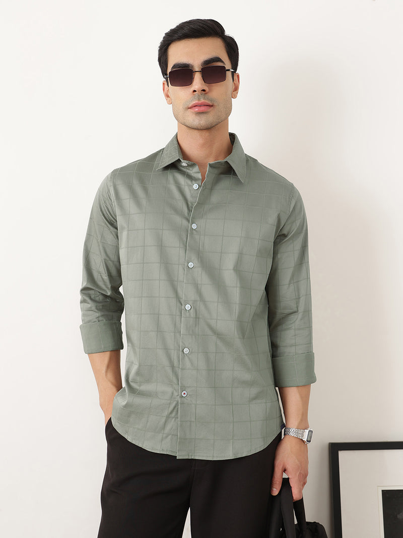 Thomas Scott Men Premium Sage Green Regular Fit Long Sleeves Spread Collar Windowpane Checks Cotton Lycra Casual Shirt