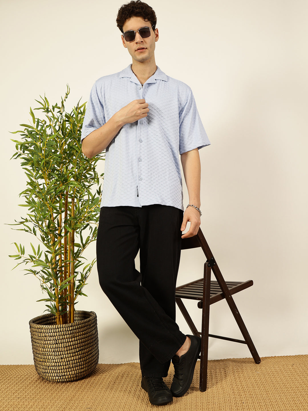 Thomas Scott Men Sky Blue Premium Short Sleeves Relaxed Fit Cuban Collar Textured Cotton Casual Shirt