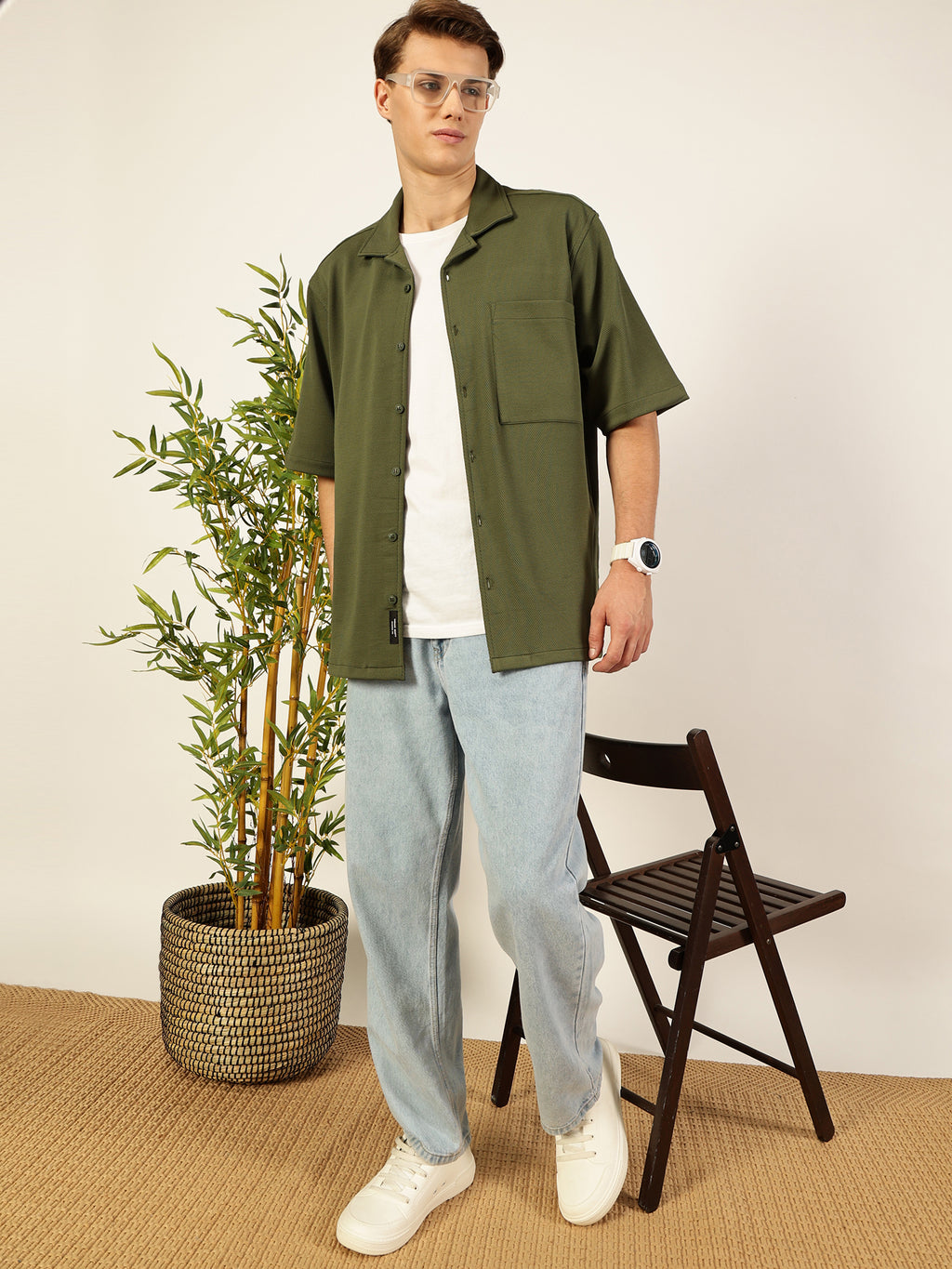 Thomas Scott Men Olive Premium Short Sleeves Regular Fit Cuban Collar Textured Cotton Twill Shirt