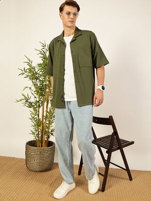 Thomas Scott Men Olive Premium Short Sleeves Regular Fit Cuban Collar Textured Cotton Twill Shirt