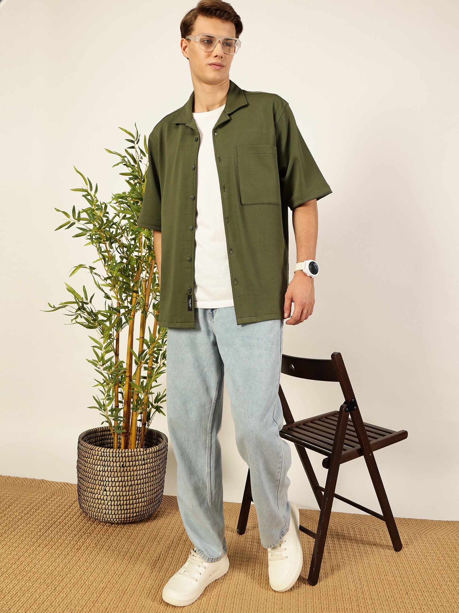 Thomas Scott Men Olive Premium Short Sleeves Regular Fit Cuban Collar Textured Cotton Twill Shirt