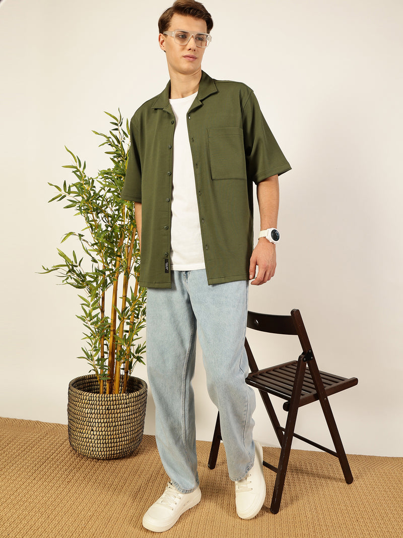 Thomas Scott Men Olive Premium Short Sleeves Regular Fit Cuban Collar Textured Cotton Twill Shirt