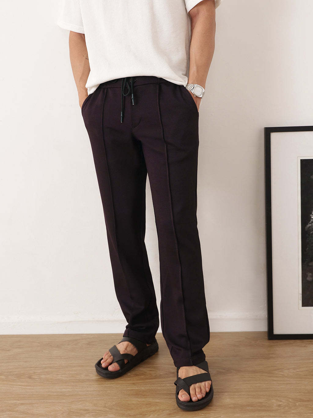 Thomas Scott Men Wine Smart Regular Fit Mid-Rise Textured Pleated Knitted Casual Trousers with Drawstring Closure
