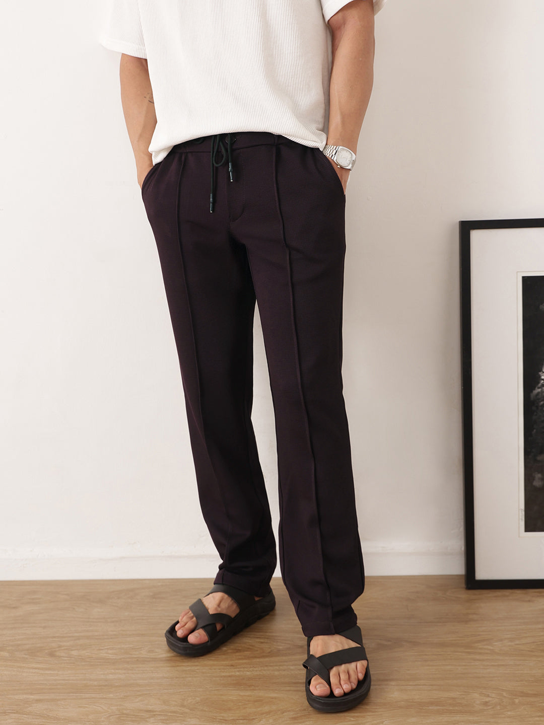 Thomas Scott Men Wine Smart Regular Fit Mid-Rise Textured Pleated Knitted Casual Trousers with Drawstring Closure