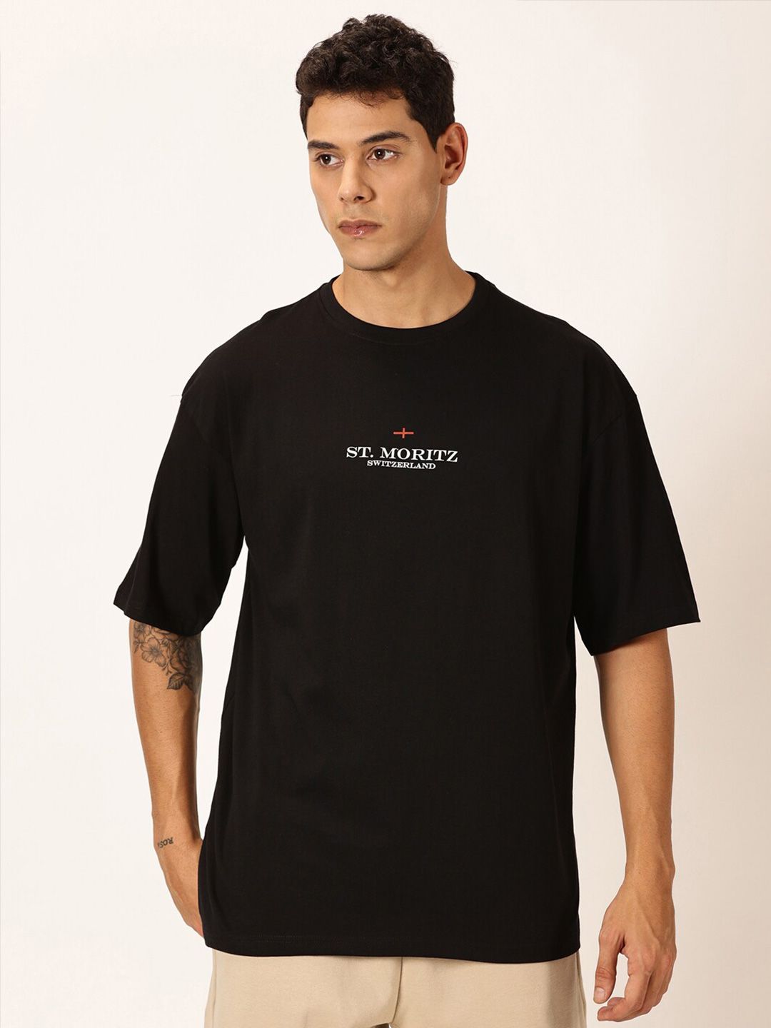 Black Oversized Short Sleeves Round Neck Typography Printed Knitted Cotton Tshirt For Men