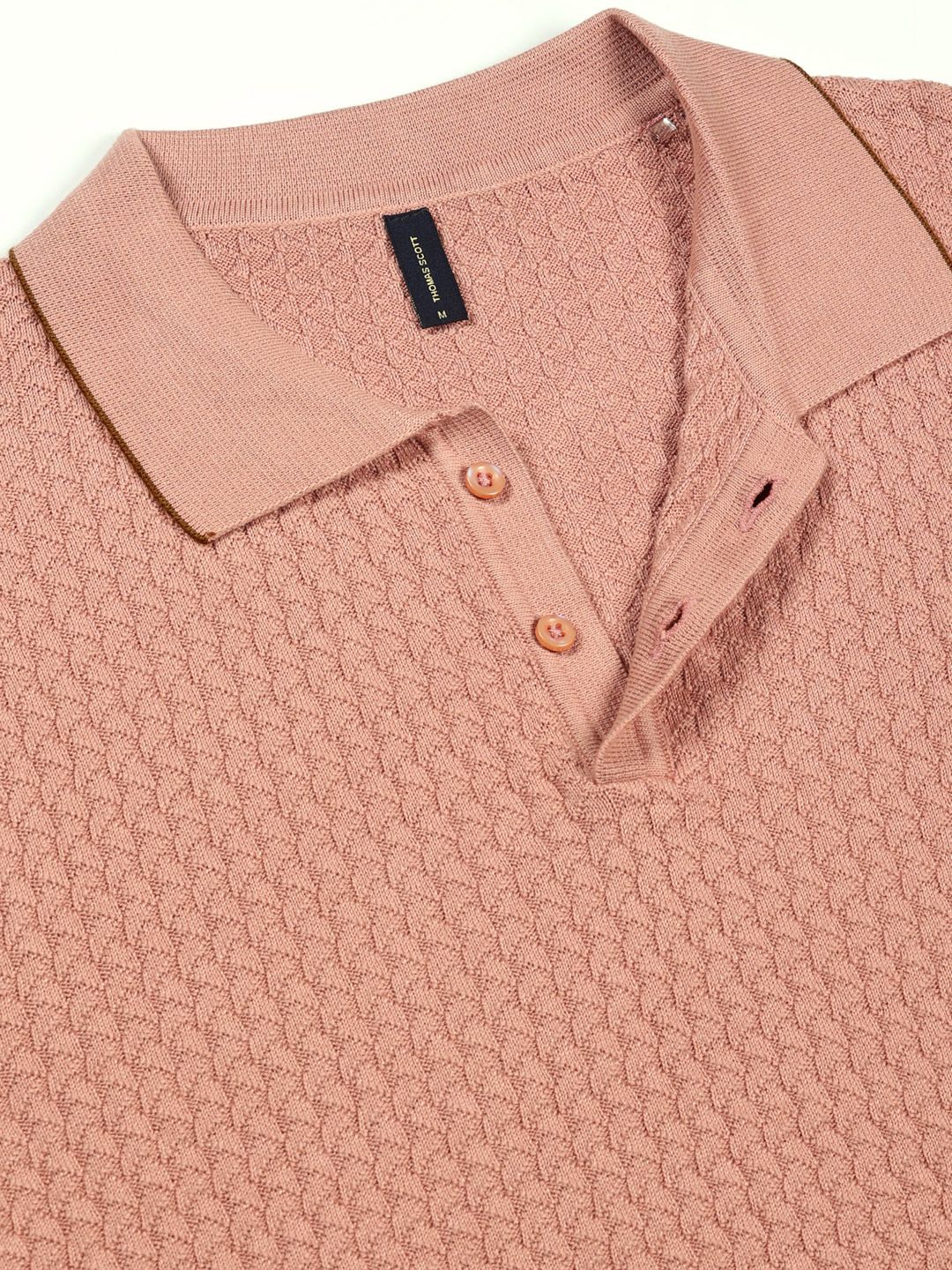 Pink Short Sleeves Regular Fit Self Design Cotton Polo Collar Knitted Tshirts For Men