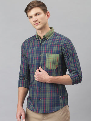 Midnight Blue Relaxed Long Sleeves Slim Fit Tartan Checkes Button-Down Collar Cotton Casual Shirt For Men