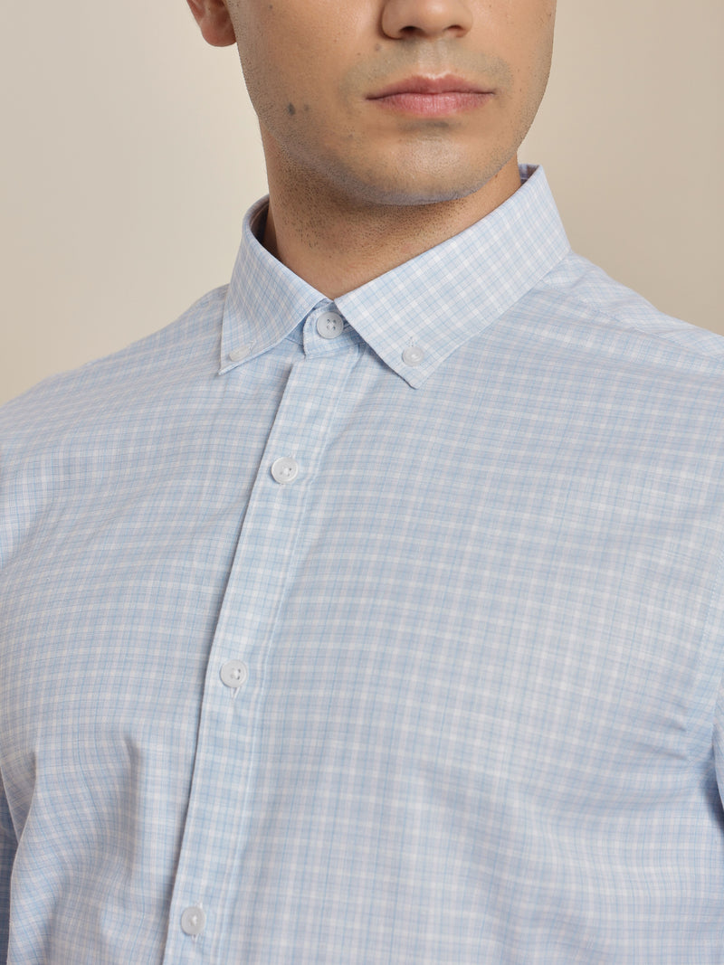 Thomas Scott Men Smart Blue Regular Fit Long Sleeves Button Down Collar Micro Checks Formal Shirt
