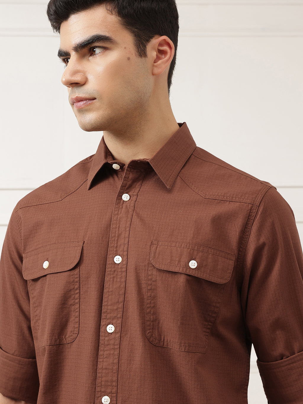 Rust Roll-Up Sleeve Regular Fit Spread Collar Textured Cotton Casual Shirt For Men