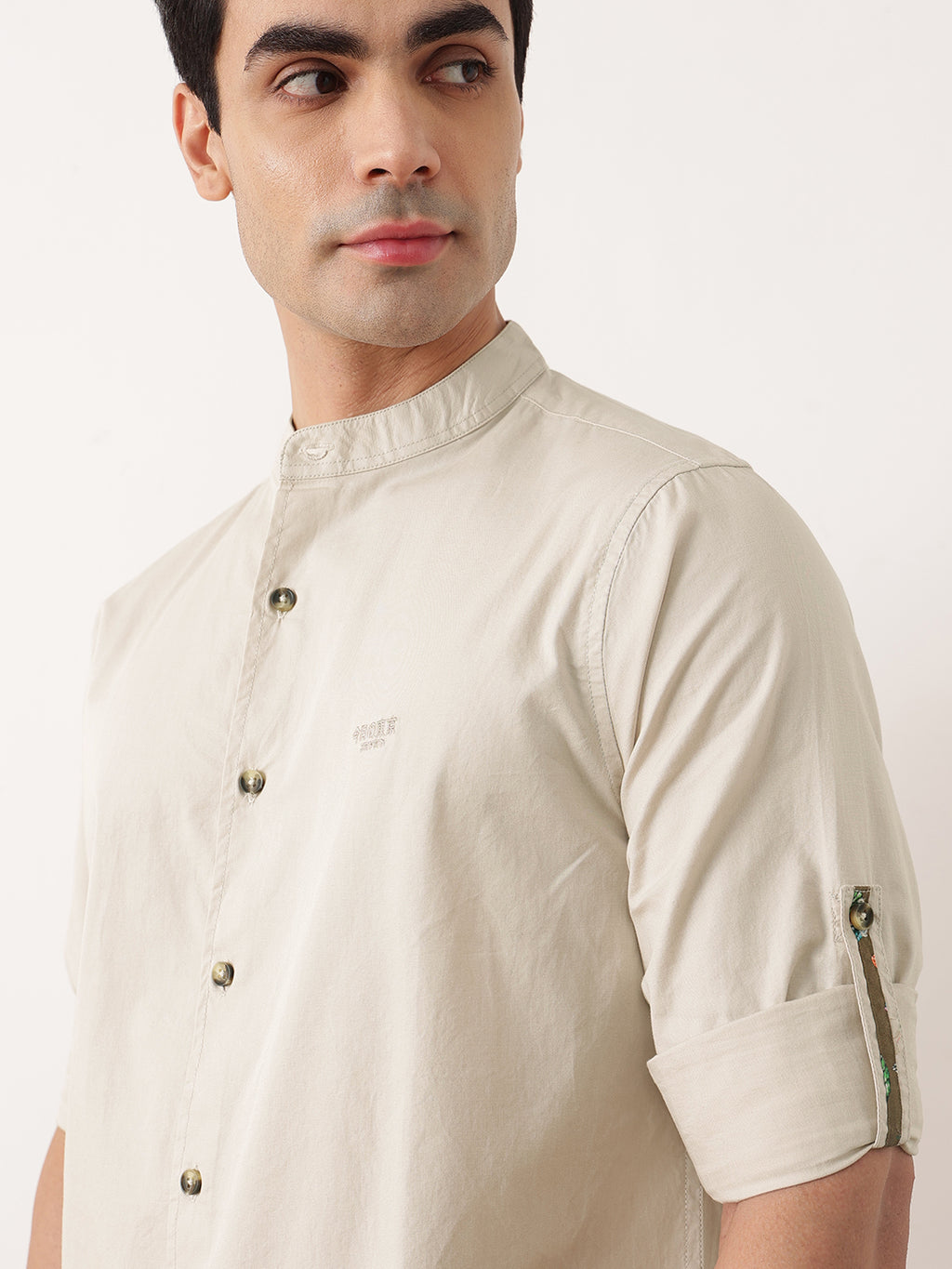 Thomas Scott Men Beige Premium Regular Fit Long Roll-Up Sleeves Mandarin Collar Solid Cotton Casual Shirts